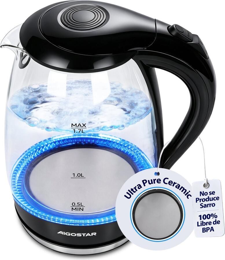 Aigostar Adam Glaze Waterkoker met Keramische Coating tegen Kalkaanslag 1 7L Retro 2200W LED Verlichting Zwart