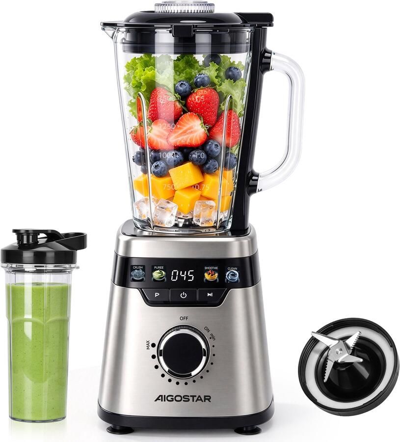 Aigostar Blender Smoothie & Milkshake Maker 1 75L Glazen Kan met To-Go Beker Traploos Instelbare Snelheid Pulse Functie IJscrusher & Zelfreinigend Glas Vaatwasserbestendig