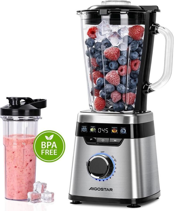 Aigostar Blender Smoothie & Milkshake Maker 1 75L Glazen Kan met To-Go Beker Traploos Instelbare Snelheid Pulse Functie IJscrusher & Zelfreinigend Glas Vaatwasserbestendig