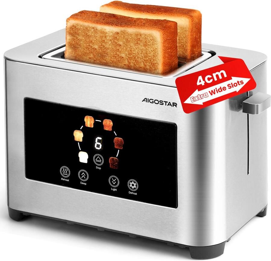 Aigostar Briller 303QG Broodrooster Toaster LED Display Roestvrij staal 2 Extra Brede Sleuven 6 Warmteniveaus 850W