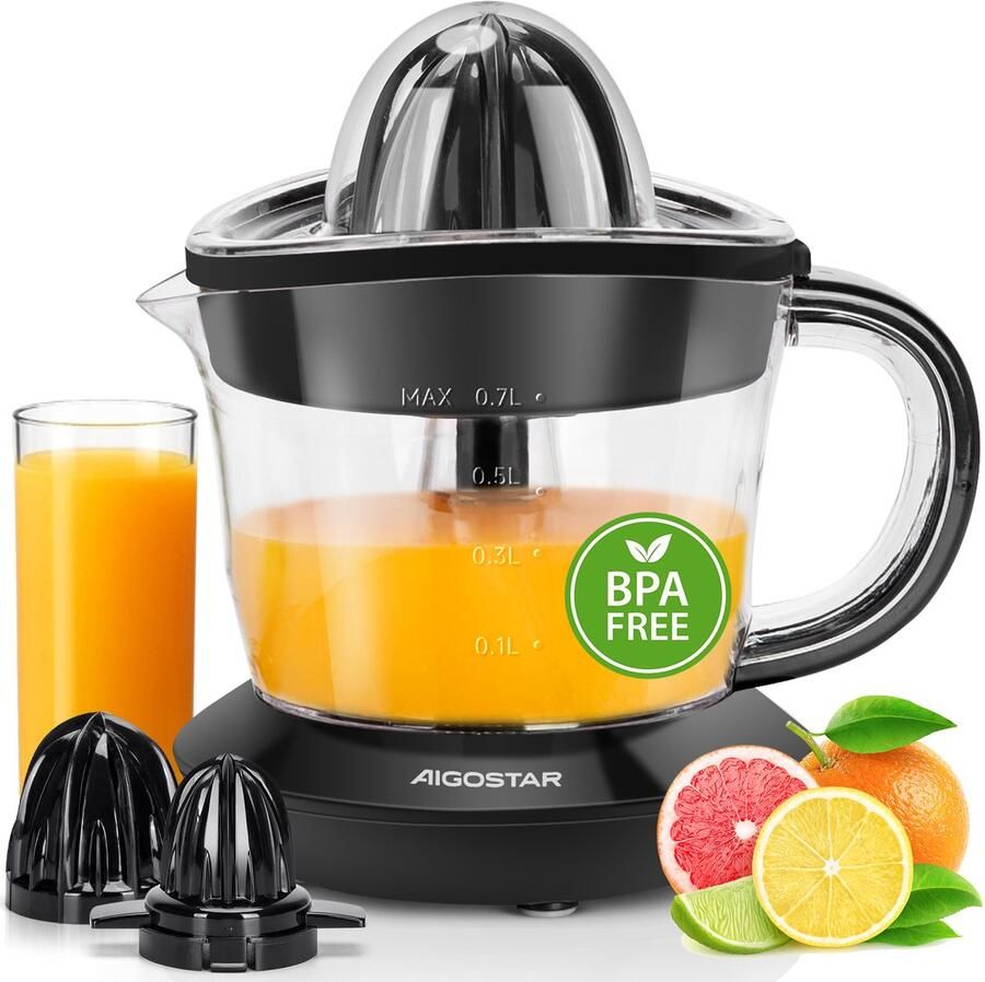 Aigostar Citruspers electrisch 0.7L 40W Inclusief 2 perskegels Zwart Instelbaar pulpfilter
