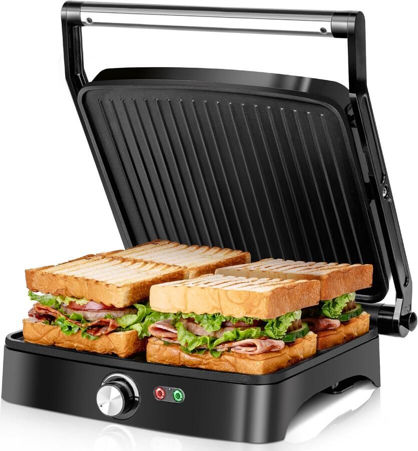 Aigostar Calore 30HHK Contactgrill met Antiaanbaklaag Tosti apparaat Instelbare temperatuur 28×25cm PFAS vrij 3-in-1 1800W RVS Zwart - Foto 3