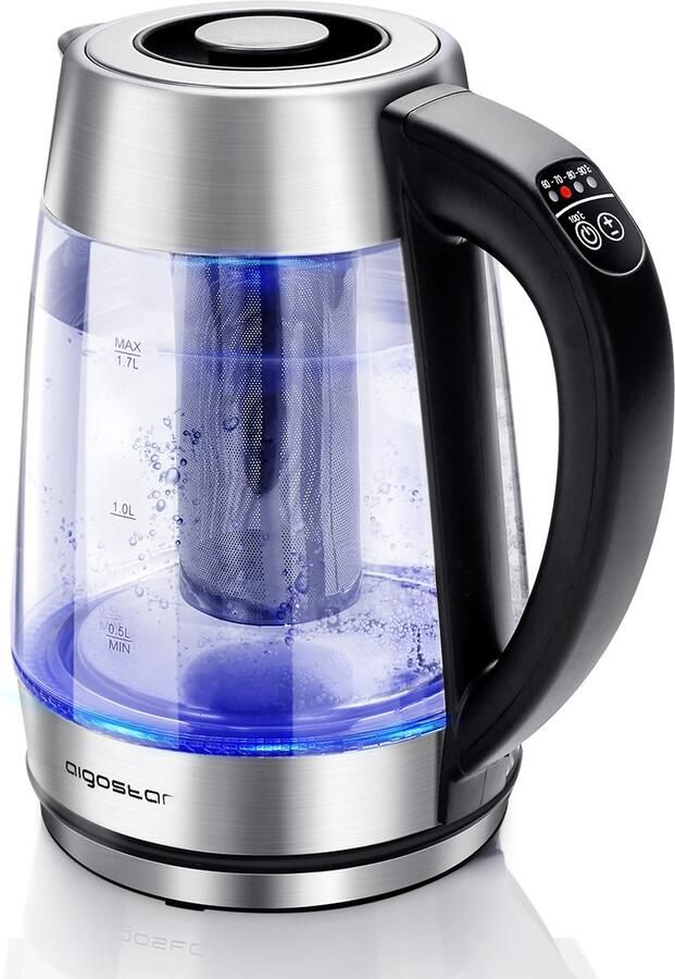 Aigostar Cris 30OSU Waterkoker Glas Met Temperatuurregeling en Warmhoudfunctie Glazen waterkoker met LED en theefilter 1 7 L Elektrische Waterkoker 2200W