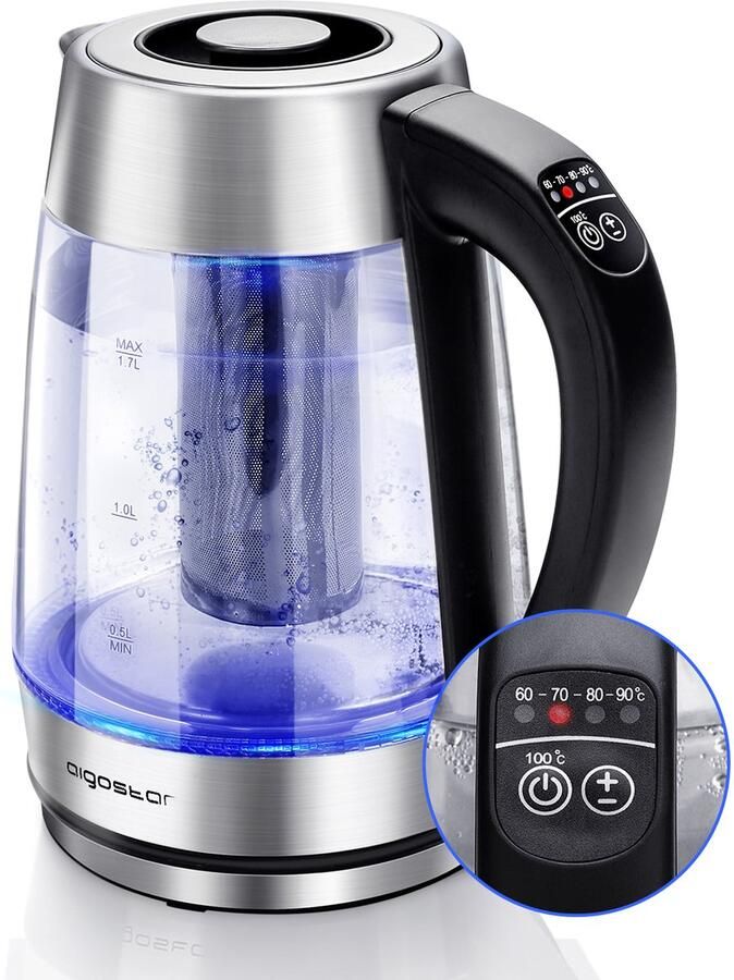 Aigostar Cris 30OSU Waterkoker Glas Met Temperatuurregeling en Warmhoudfunctie Glazen waterkoker met LED en theefilter 1 7 L Elektrische Waterkoker 2200W