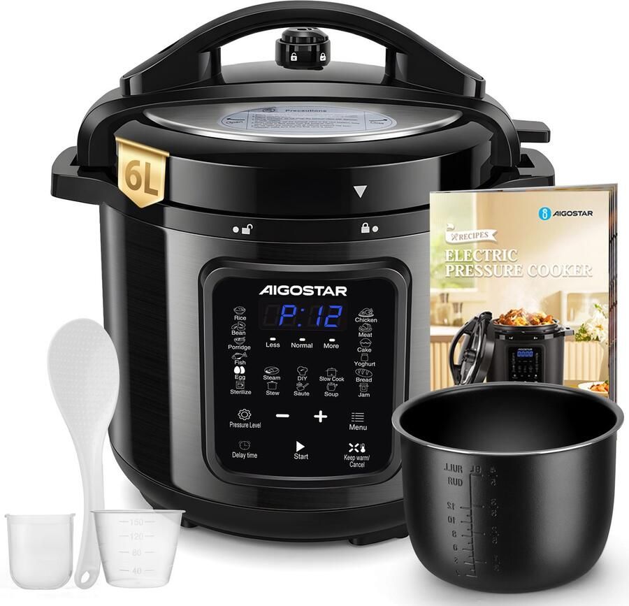 Aigostar Derrick Black Pressure Multicooker 6 Liter Snelkookpan Slow Cooker Rijstkoker Stomer Zwart