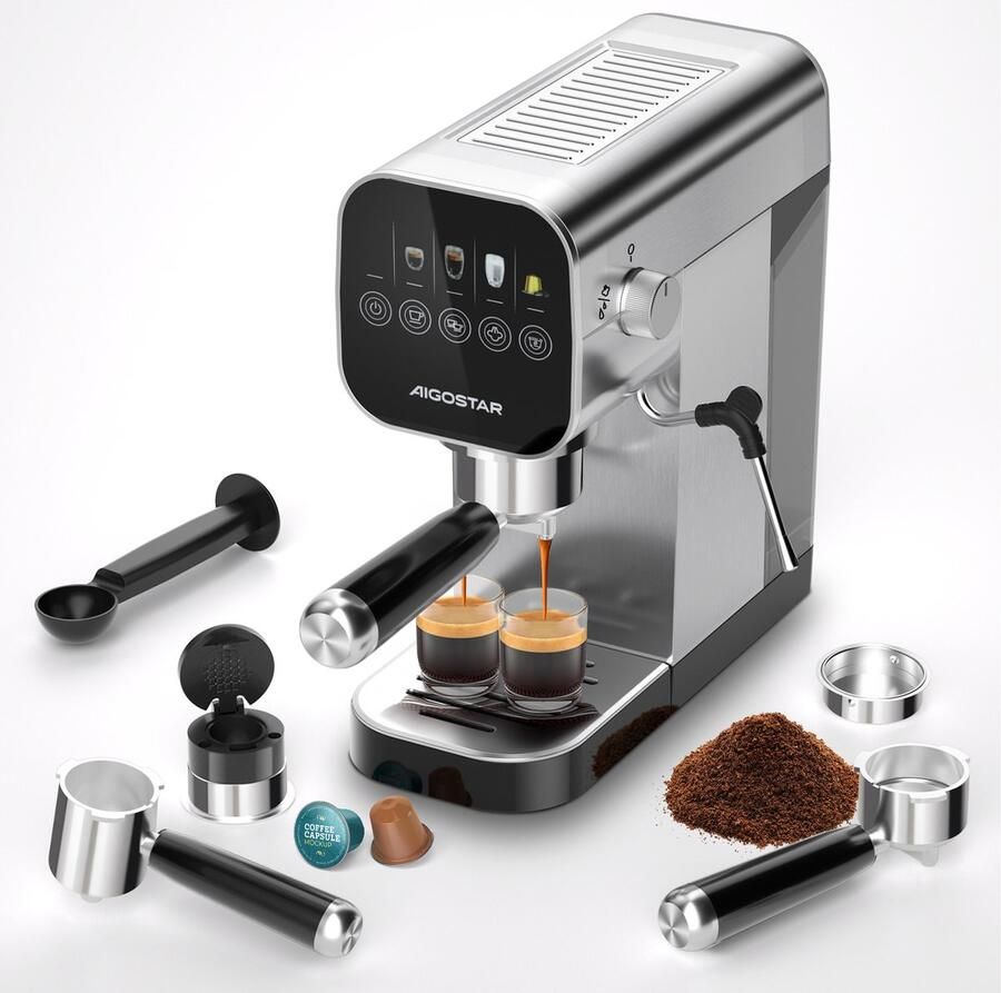 Aigostar Barista Espressomachine 20 Bar Koffiemachine met Automatische Melkopschuimer Pistonmachine Cappuccino & Latte Italiaanse pomp -2 kopjes Zilver