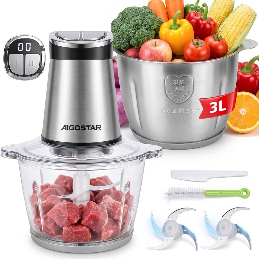Aigostar Hakmolen Elektrisch Food Chopper RVS 3L Kom & Glazen 2L Kom Timer 2 Snelheden -400W
