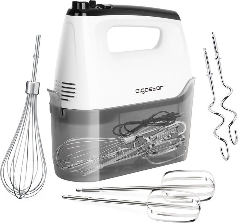 Aigostar Pudding 30XMJ Handmixer 6 snelheden en turbofunctie Opslagbasis Kloppers & Deeghaken & Garde Mixer 400W RVS Wit - Foto 2