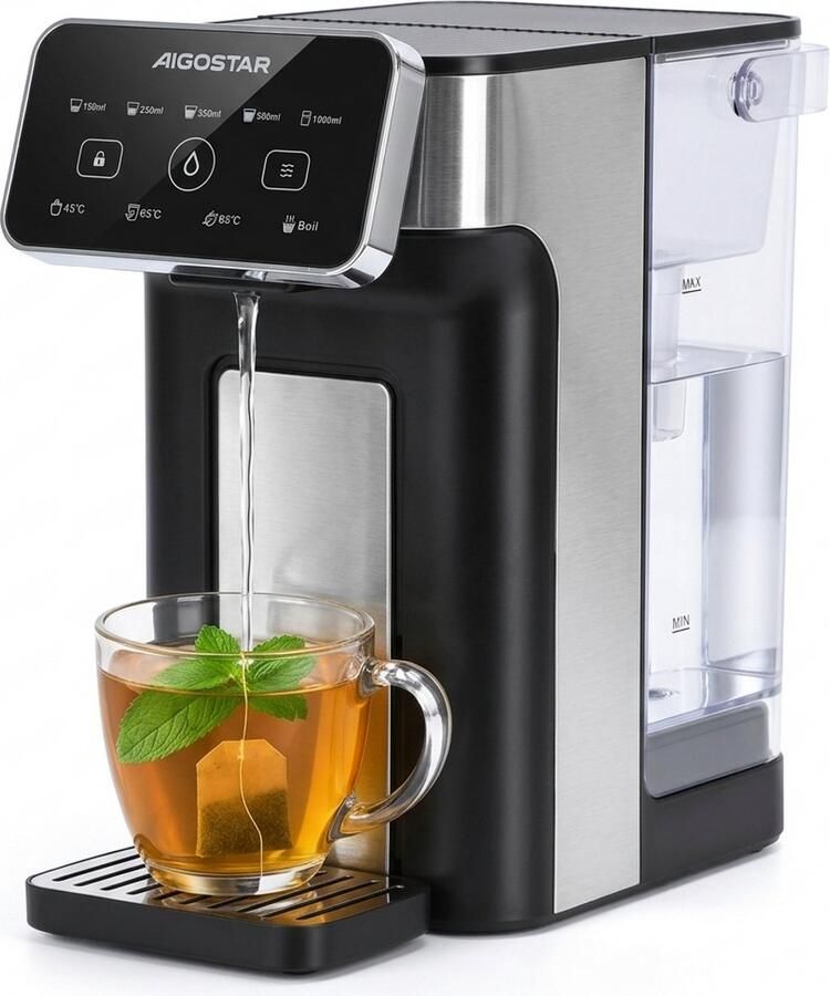 Aigostar Heetwaterdispenser Inhoud 3 liter 45°C tot 100°C Touch Display BPA vrij Instant Waterkoker Heetwatertap 2600 watt Zwart RVS