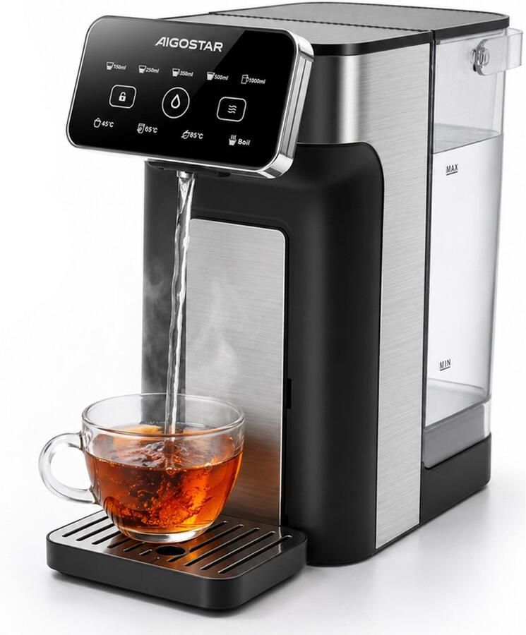 Aigostar Heetwaterdispenser Inhoud 3 liter Instant Waterkoker 45°C tot 100°C Touch Display BPA vrij Heetwatertap 2600 watt Zwart RVS
