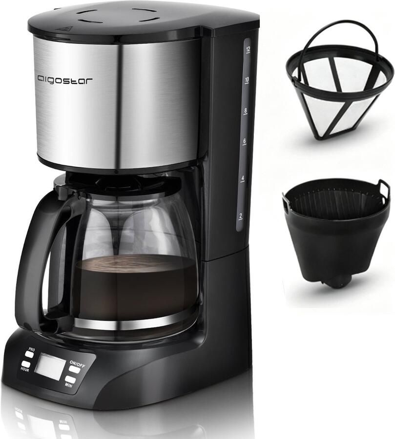 Aigostar Benno Koffiezetapparaat Filterkoffie 12 kopjes Koffiemachine met Glazen Kan Digitaal Display Timer en Warmhoudplaat Zwart RVS - Foto 2