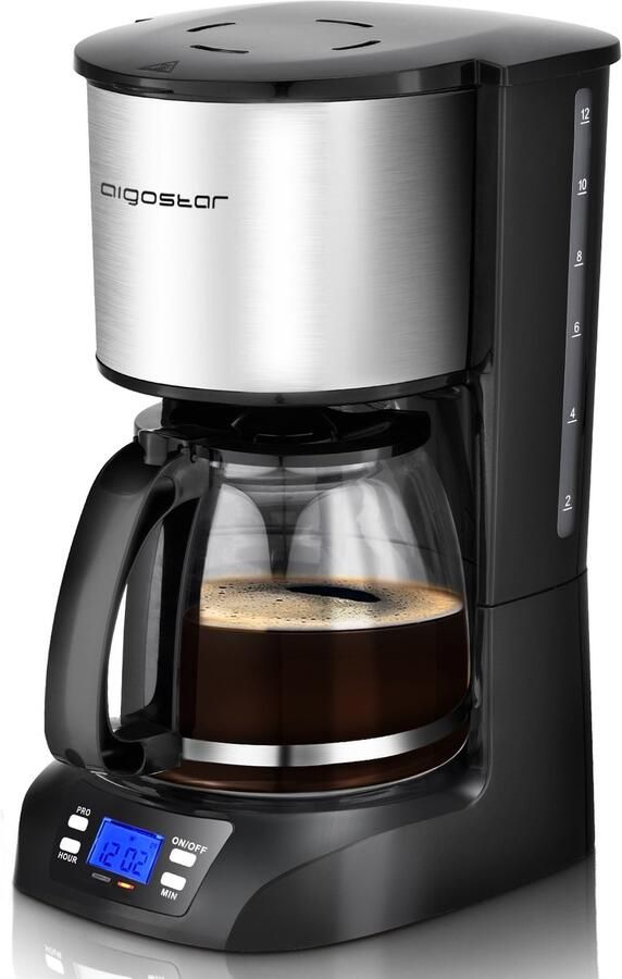 Aigostar Benno Koffiezetapparaat Filterkoffie 12 kopjes Koffiemachine met Glazen Kan Digitaal Display Timer en Warmhoudplaat Zwart RVS