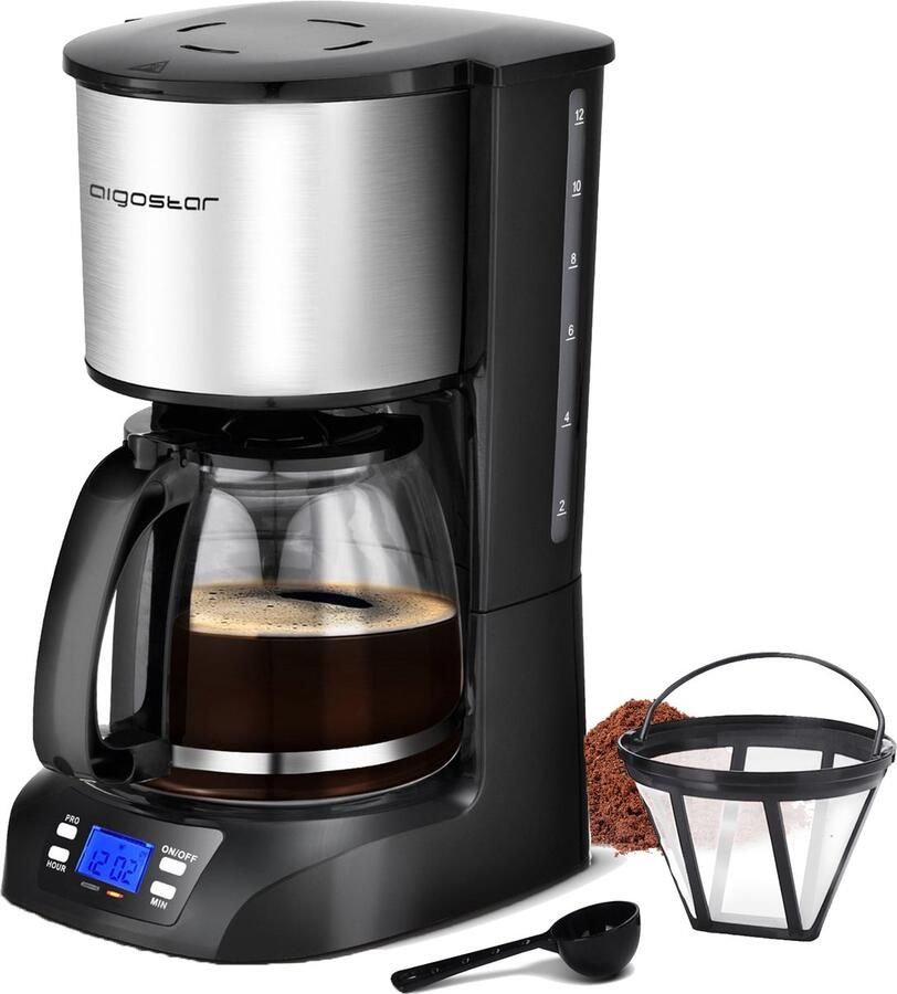 Aigostar Benno Koffiezetapparaat Filterkoffie 12 kopjes Koffiemachine met Glazen Kan Digitaal Display Timer en Warmhoudplaat Zwart RVS