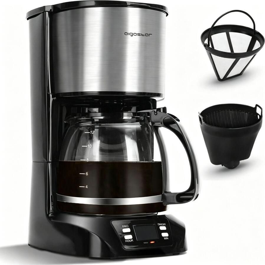 Aigostar Koffiezetapparaat Filterkoffie 1.5L Glazen Kan 12 Koppen Timerfunctie LCD-display BPA Vrij Zwart RVS