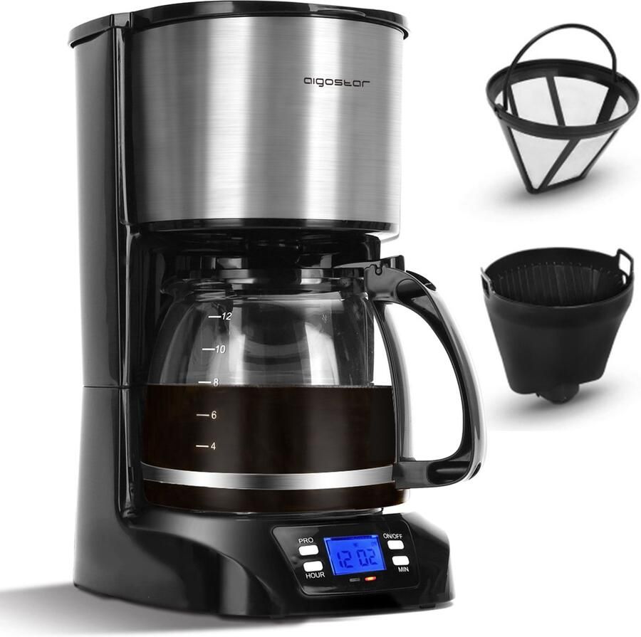 Aigostar Koffiezetapparaat Filterkoffie BPA Vrij 1.5L Glazen Kan 12 Koppen Timerfunctie LCD-display Zwart RVS