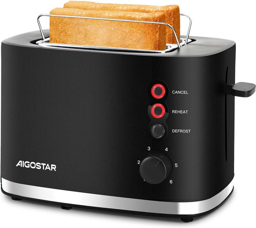 Aigostar 30J4R Broodrooster Retro Toaster 6 Warmteniveaus 2 Extra Brede Sleuven Reheat en Ontdooi-functie 800W Zwart