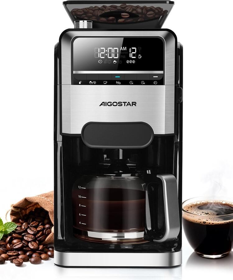 Aigostar Savor Koffiezetapparaat met ingebouwde koffiemolen 1.5L 24-uurs Timer Digitaal Display Warmhoudfunctie 1400W Zwart