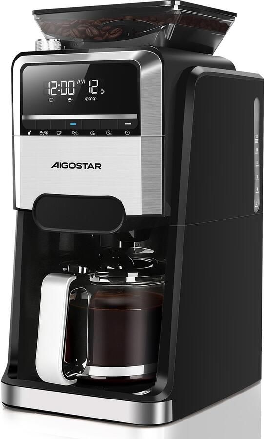 Aigostar Savor Koffiezetapparaat met ingebouwde koffiemolen 1.5L 24-uurs Timer Digitaal Display Warmhoudfunctie 1400W Zwart