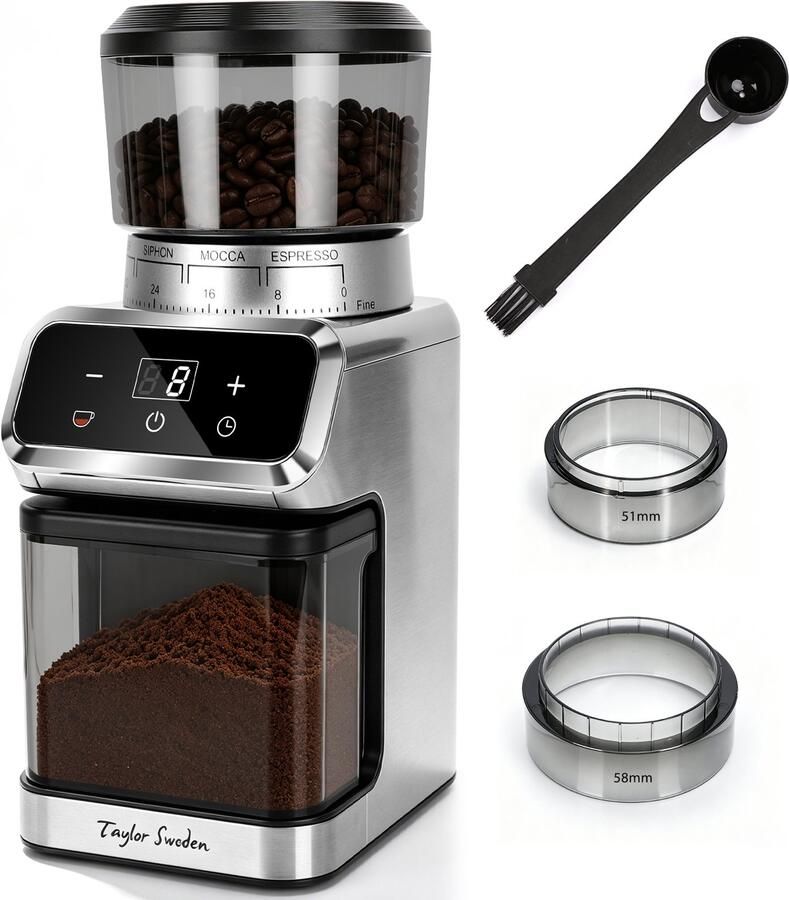 Aigostar Taylor Swoden Elektrische Koffiemolen 48 Maalstanden RVS Kegelmaalwerk Timer 2-8 Kopjes Geheugenfunctie 120W
