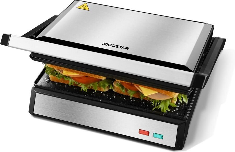 Aigostar Hett Pro Contactgrill Tosti Apparaat Panini Grill met Non-Stick Keramische Plaat voor 2 personen Verticaal opbergbaar 1500W RVS Zwart - Foto 5