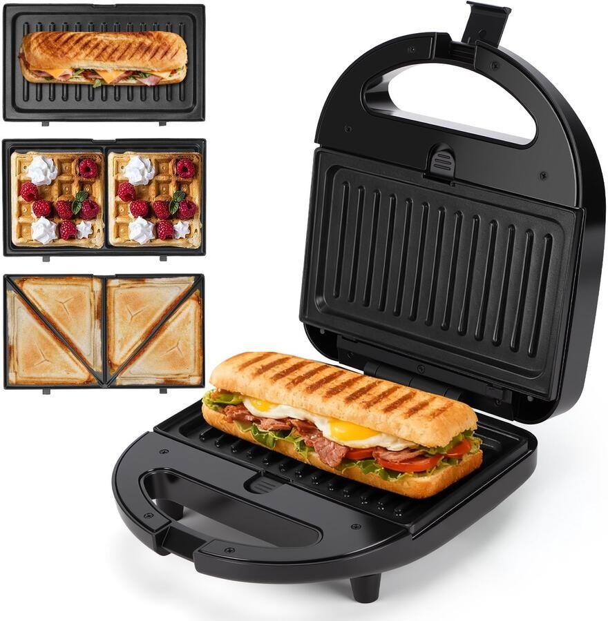 Aigostar 30BTW Tosti ijzer Tosti Apparaat 3 in 1 Wafelijzer Contact Grill 750W Zwart