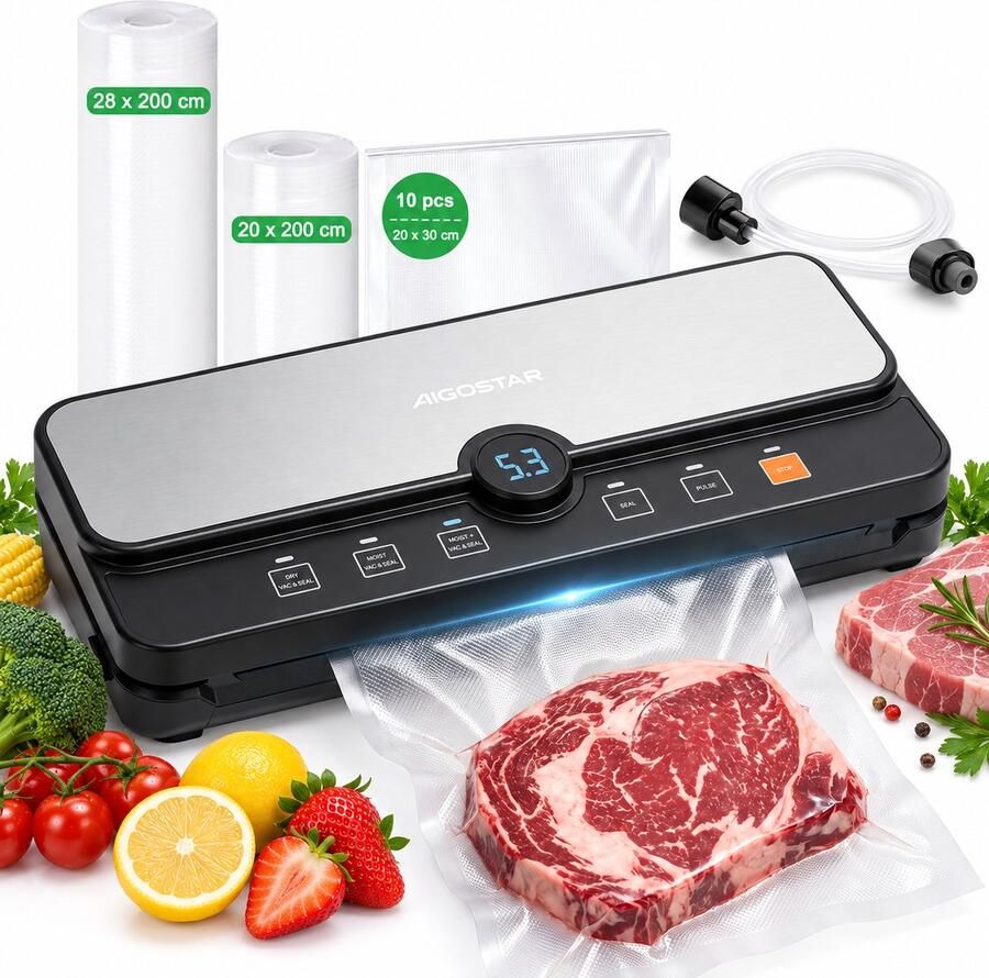 Aigostar Vacuümmachine Vacuüm Sealer 9 L min Droog Vochtig & Extra Vochtig Met Snijder en Rolhouder Pulse Functie Inclusief Vacuümrollen en Zakken 110W - Foto 1