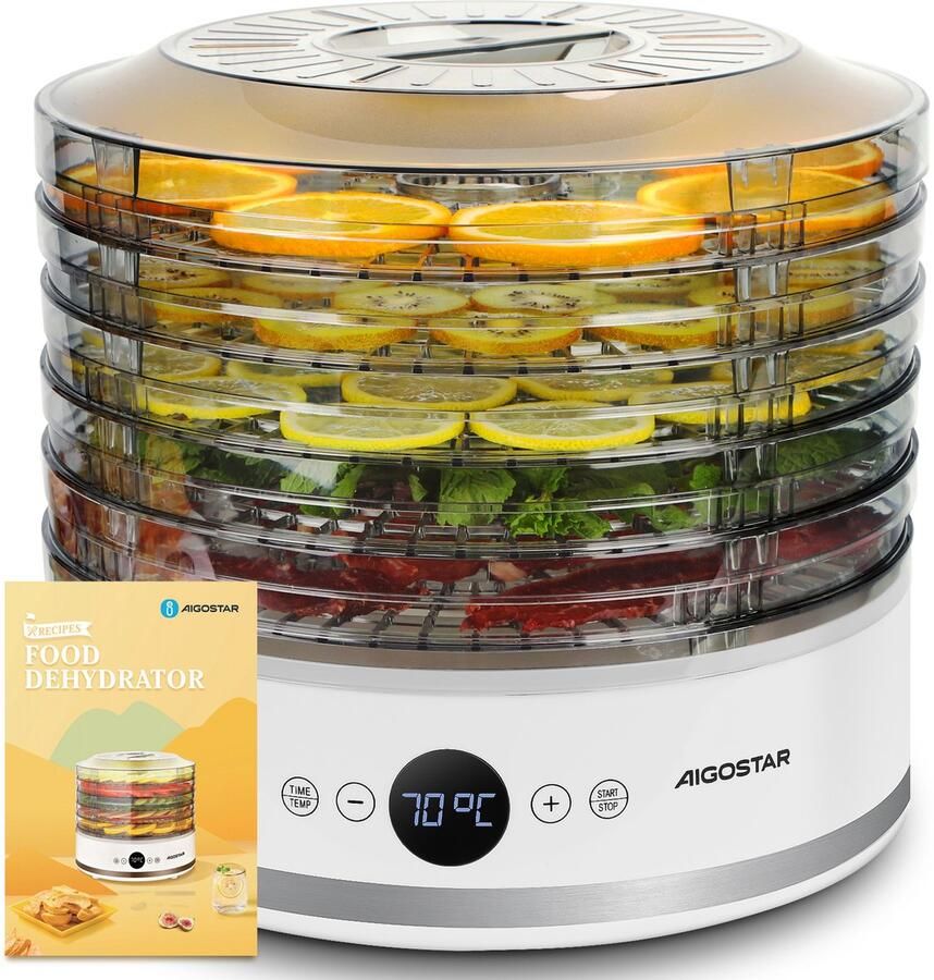 Aigostar Voedseldroger Droogoven Elektrisch 380W 5 Laags 8 Hitte-niveaus 35°C tot 75°C LCD Display BPA-vrij Timer Wit