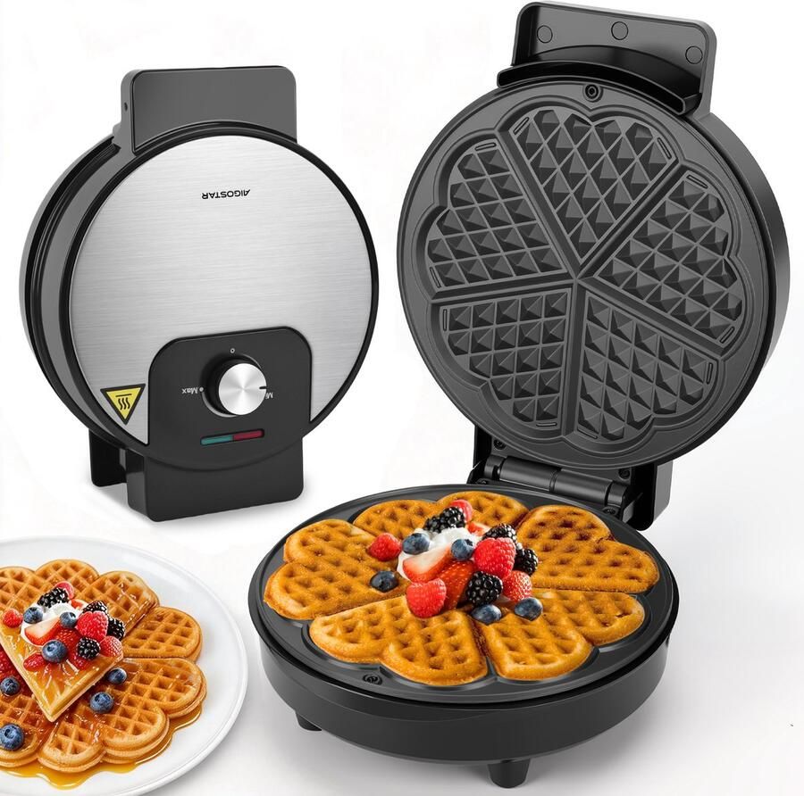 Aigostar Crunchy Wafelijzer voor klassieke hartwafels Wafelmaker voor wafels in hartvorm Met Regelbare Temperatuur Met Indicatielampje & Antiaanbaklaag 1000W Zwart