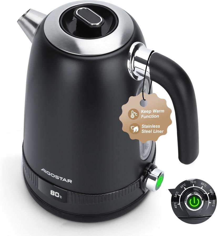 Aigostar Loki 30UGR Elektrische Waterkoker met temperatuursregeling Retro Instelbare Temperatuur RVS 1.7L Zwart
