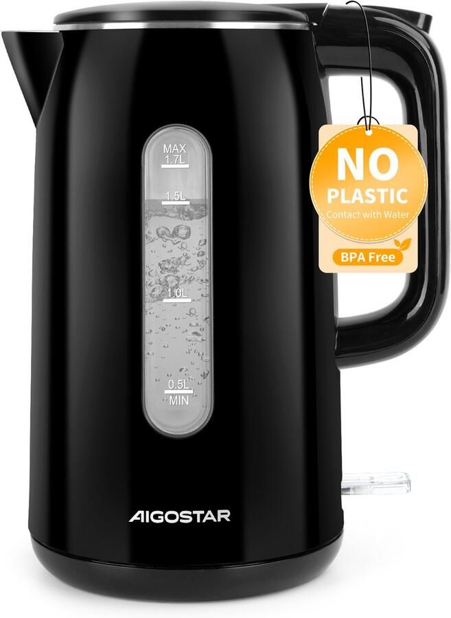 Aigostar Lydian Elektrische Waterkoker -Retro 1 7 Liter Dubbelwandig Cool-touch Waterniveau indicator 2200W Zwart