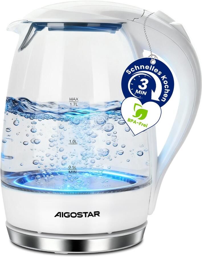 Aigostar Waterkoker Glazen Waterkoker met LED 1 7L 2200W Wit