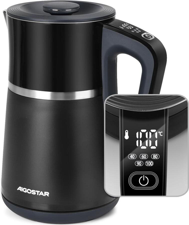 Aigostar Waterkoker met Temperatuurregeling 1.7L Instelbare Waterkoker Dubbelwandig & Cool-touch Warmhoudfunctie BPA-vrij voor Babyvoeding & Thee 2200W Zwart - Foto 2