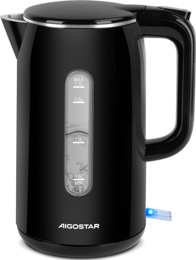 Aigostar 302FV Waterkoker 1 7 liter Dubbelwandig 2200 watt BPA vrij Waterniveau indicator Zwart