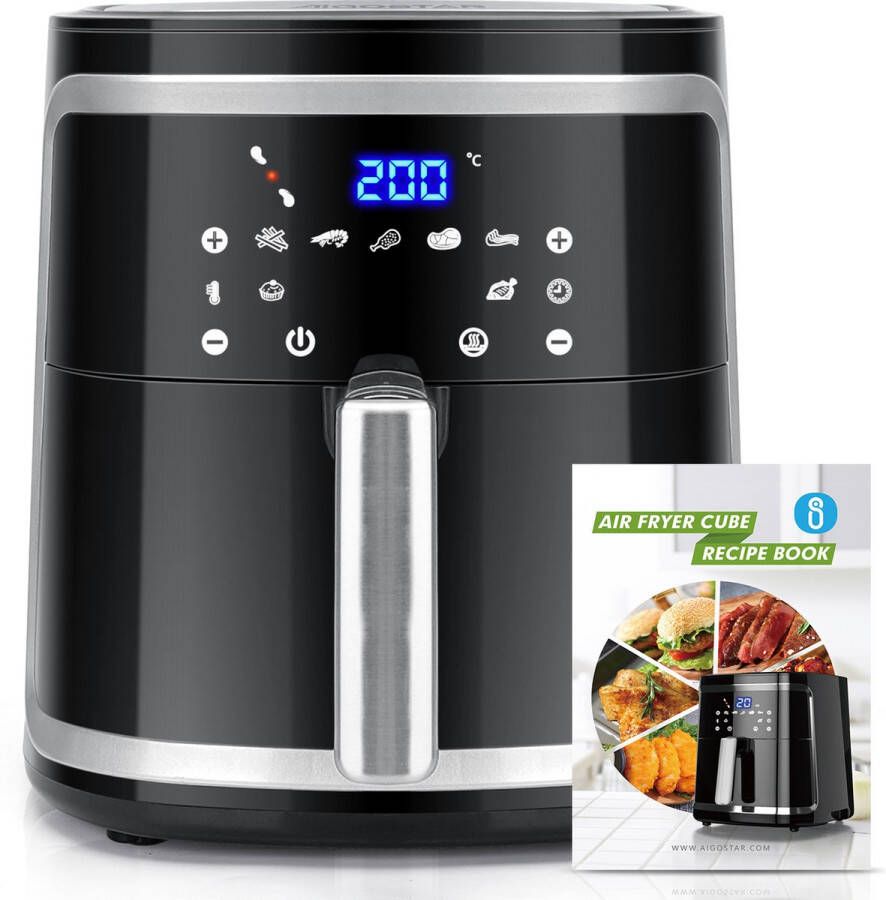 Aigostar 30IBT Airfryer XXL met Olijfolie Sprayer Heteluchtfriteuse Groot 7 liter Digitaal display 1600 gr friet Inclusief airfryer kookboek 7 programma's 1900 W Zwart