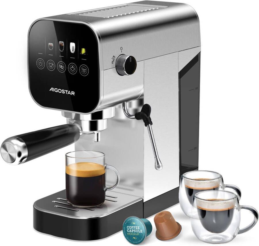 Aigostar Barista Espressomachine 20 Bar Koffiemachine met Automatische Melkopschuimer Pistonmachine Cappuccino & Latte Italiaanse pomp -2 kopjes Zilver - Foto 2