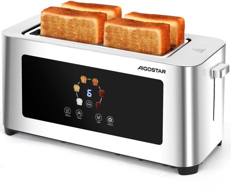 Aigostar Bright 303QF Broodrooster Toaster LED Display Roestvrij staal Long-slot 4 Sneden 6 Standen 1400W