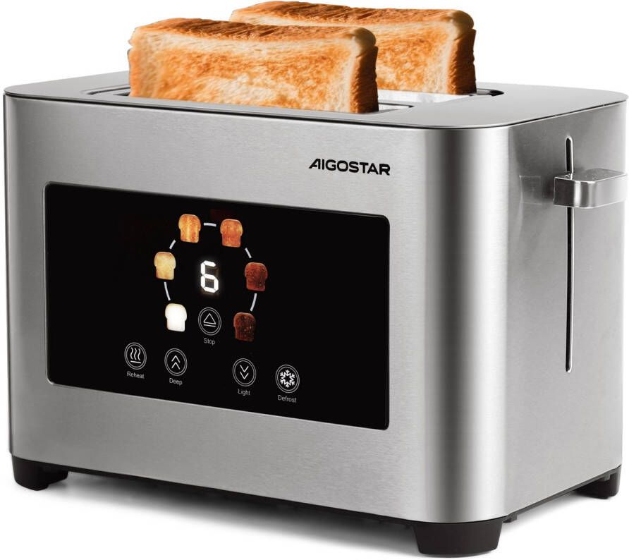 Aigostar Briller 303QG Broodrooster Toaster LED Display Roestvrij staal 2 Extra Brede Sleuven 6 Warmteniveaus 850W