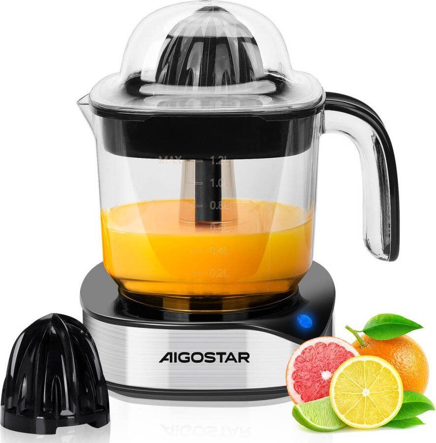 Aigostar Juicy Elektrische Citruspers-Krachtige Pers voor Verse Citrussap Instelbaar pulpfilter-Tweerichtingsrotatie-1.2L- 40W LED-indicator-Zwart Zilver