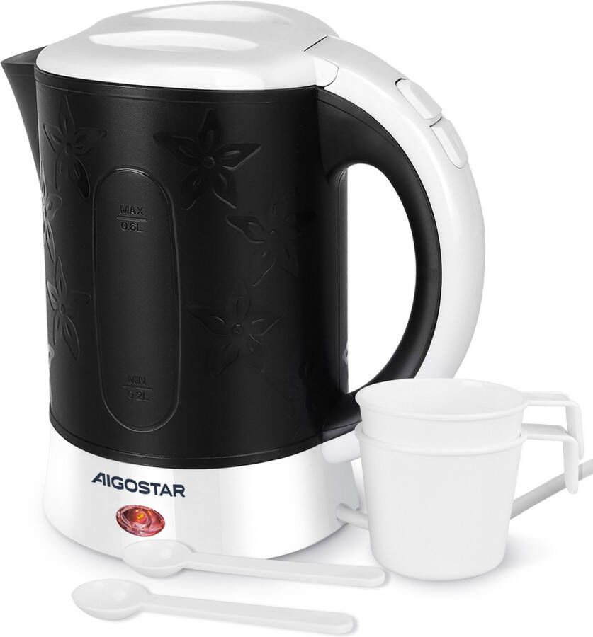 Aigostar Cooltravel Reiswaterkoker 600ML Inclusief 2 Kopjes en Lepel Mini Waterkoker -Kleine waterkoker mini waterkoker Zwart
