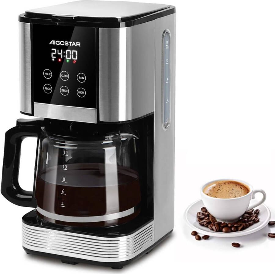 Aigostar Cora Koffiezetapparaat 1.5L 12 Kopjes Filterkoffie Digitaal Display Timer en Warmhoudplaat 1000W RVS Zwart - Foto 3