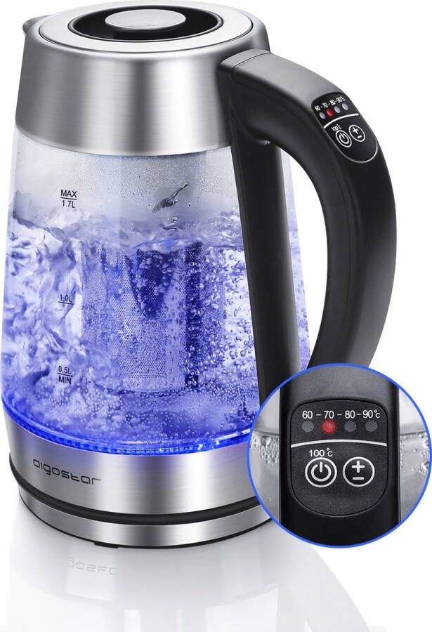 Aigostar Cris 30OSU Waterkoker Glas Met Temperatuurregeling en Warmhoudfunctie Glazen waterkoker met LED en theefilter 1 7 L Elektrische Waterkoker 2200W