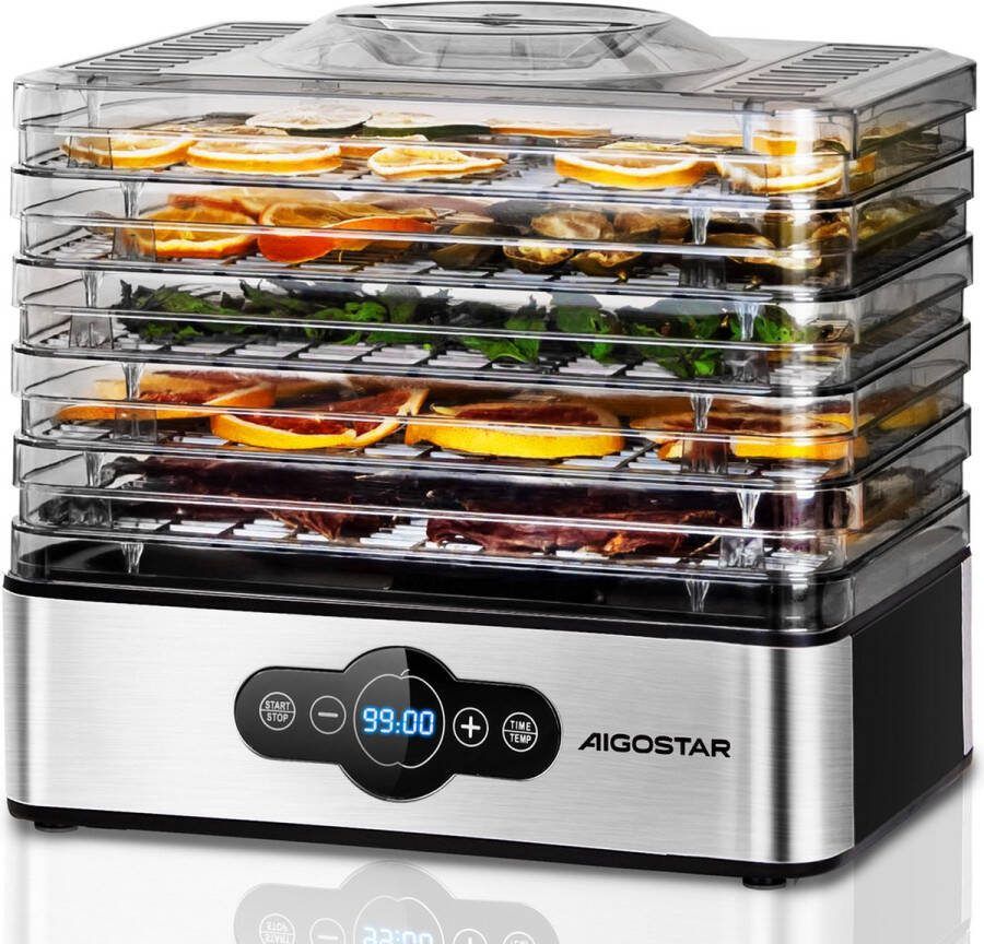 Aigostar Crispy 30INI Voedseldroger Elektrische Droogautomaat 5 Laags 35°C tot 70°C LCD Display 99-uurs Timer RVS Zwart
