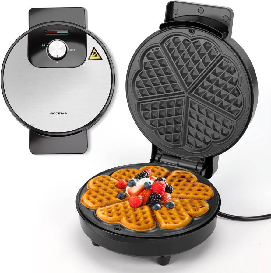 Aigostar Crunchy Wafelijzer voor klassieke hartwafels Wafelmaker voor wafels in hartvorm Met Regelbare Temperatuur Met Indicatielampje & Antiaanbaklaag 1000W Zwart - Foto 2