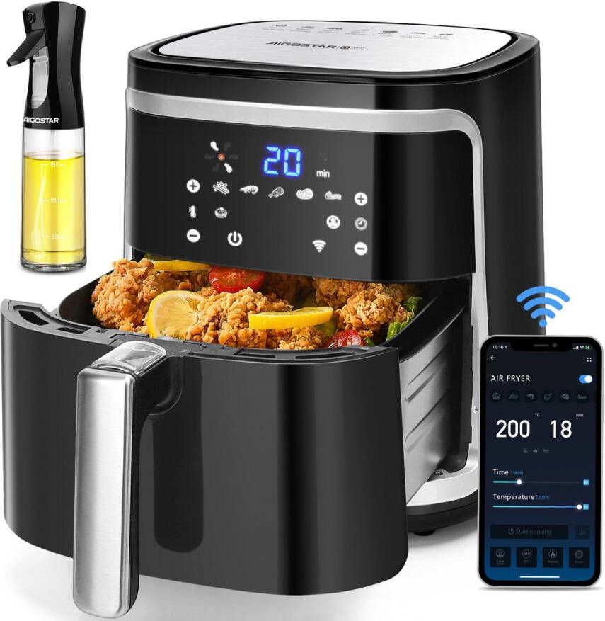 Aigostar Cube Smart Airfryer XXL Heteluchtfriteuse 7 Liter App Connect 1900W 360 Graden Hete Lucht Circulatie 7 in 1 kookfuncties Zwart