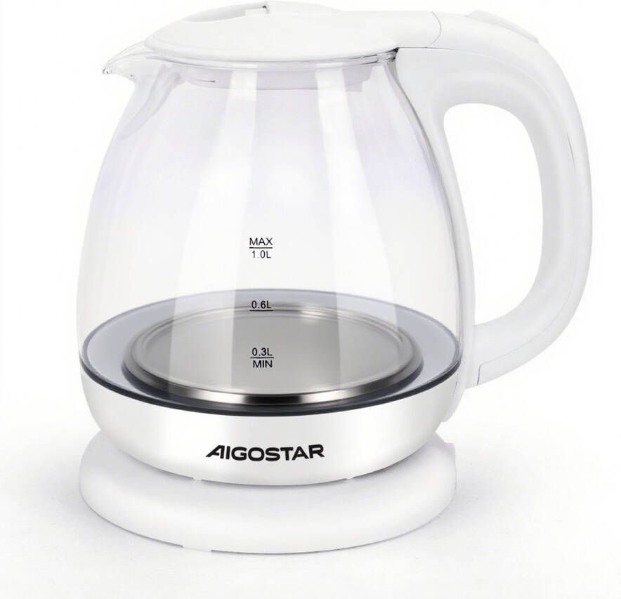 Aigostar Elvin Glazen waterkoker Elektrische Waterkoker 1 Liter inhoud Blauw LED verlichting Kleine waterkoker 2200W