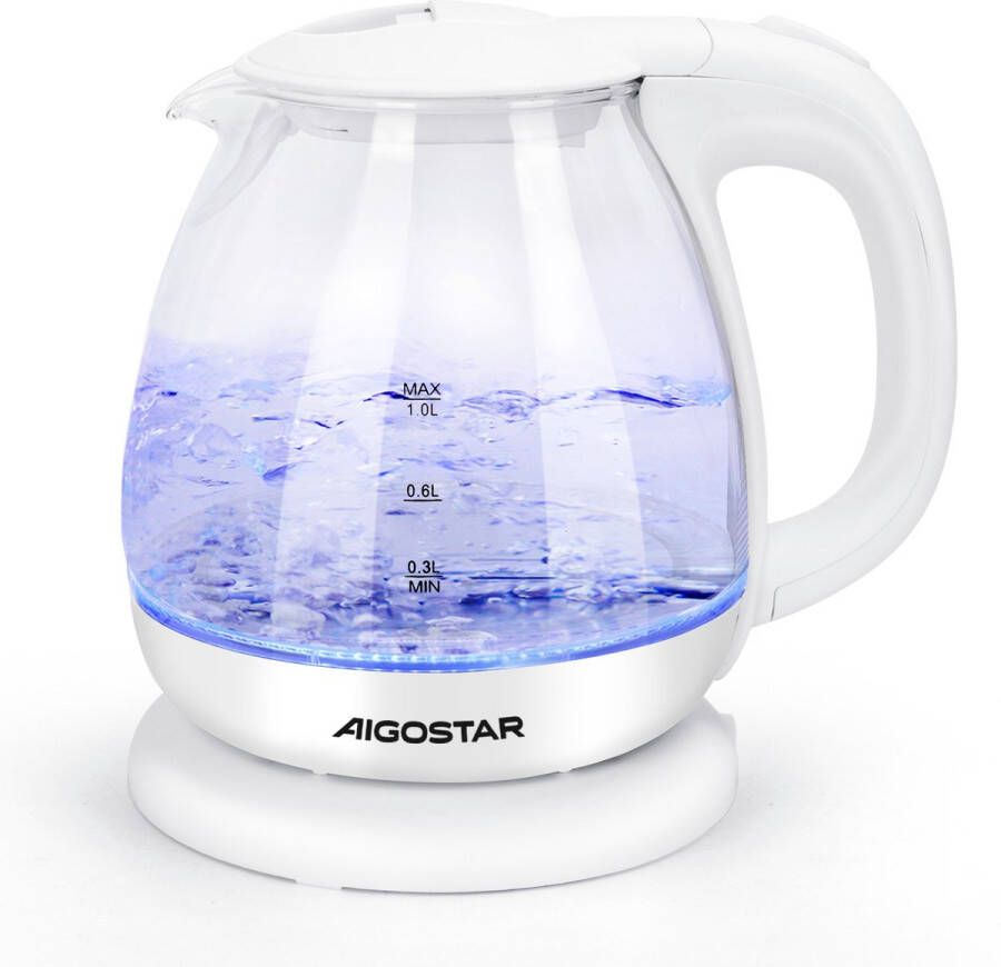 Aigostar Elvin Glazen waterkoker Elektrische Waterkoker 1 Liter inhoud Blauw LED verlichting Kleine waterkoker 2200W - Foto 2