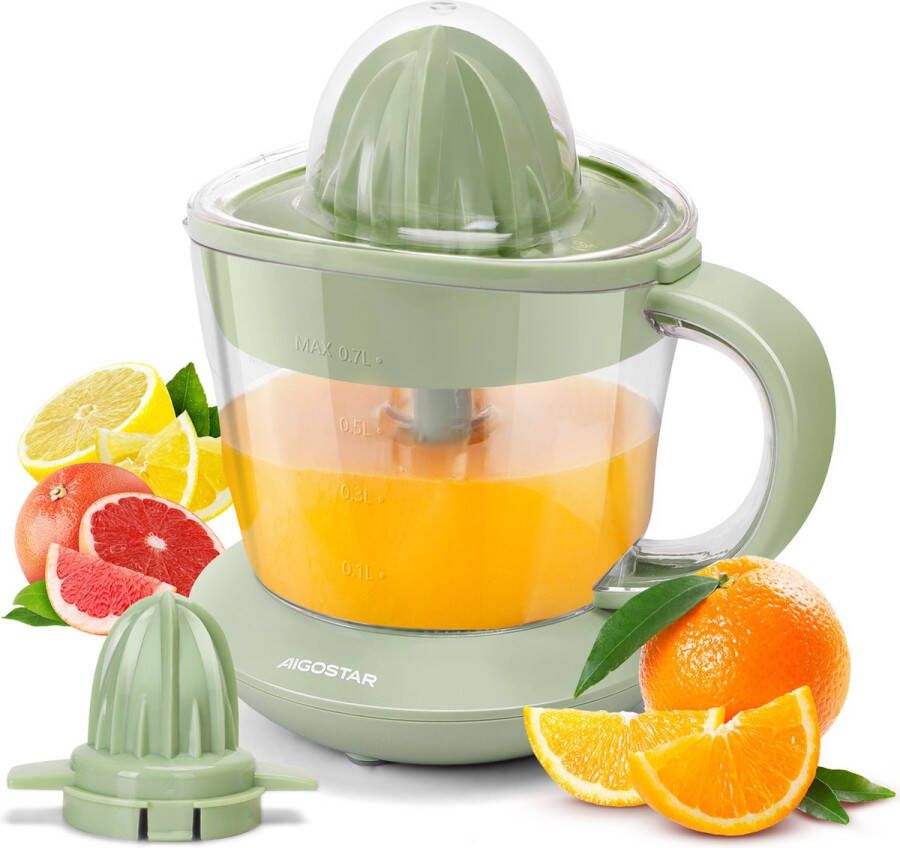 Aigostar Henry Elektrische Citruspers Krachtige Pers voor Verse Citrussap Instelbaar pulpfilter Tweerichtingsrotatie 0.7L 40W Groen