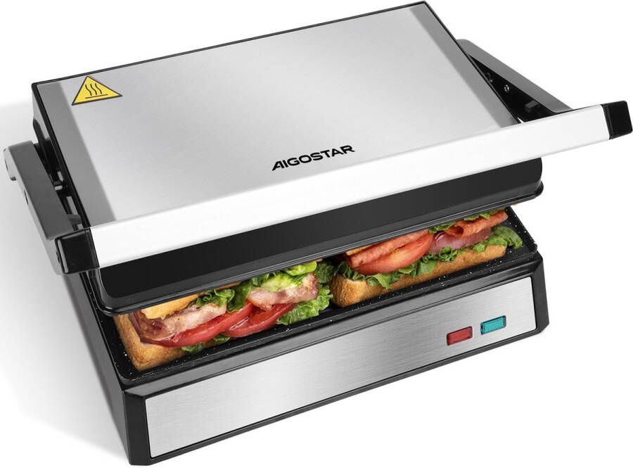 Aigostar Hett Pro Contactgrill Tosti Apparaat Panini Grill met Non-Stick Keramische Plaat voor 2 personen Verticaal opbergbaar 1500W RVS Zwart - Foto 4