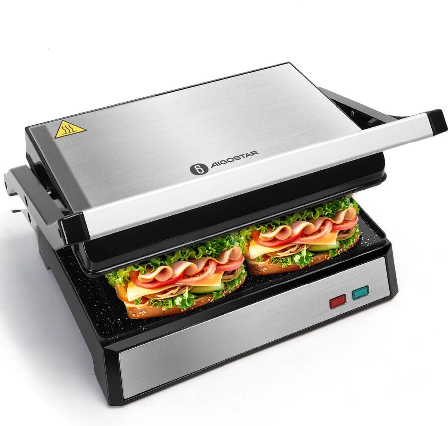 Aigostar Hett Pro Contactgrill Tosti Apparaat Panini Grill met Non-Stick Keramische Plaat voor 2 personen Verticaal opbergbaar 1500W RVS Zwart - Foto 2