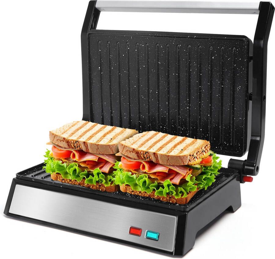 Aigostar Hett Pro Contactgrill Tosti Apparaat Panini Grill met Non-Stick Keramische Plaat voor 2 personen Verticaal opbergbaar 1500W RVS Zwart - Foto 3